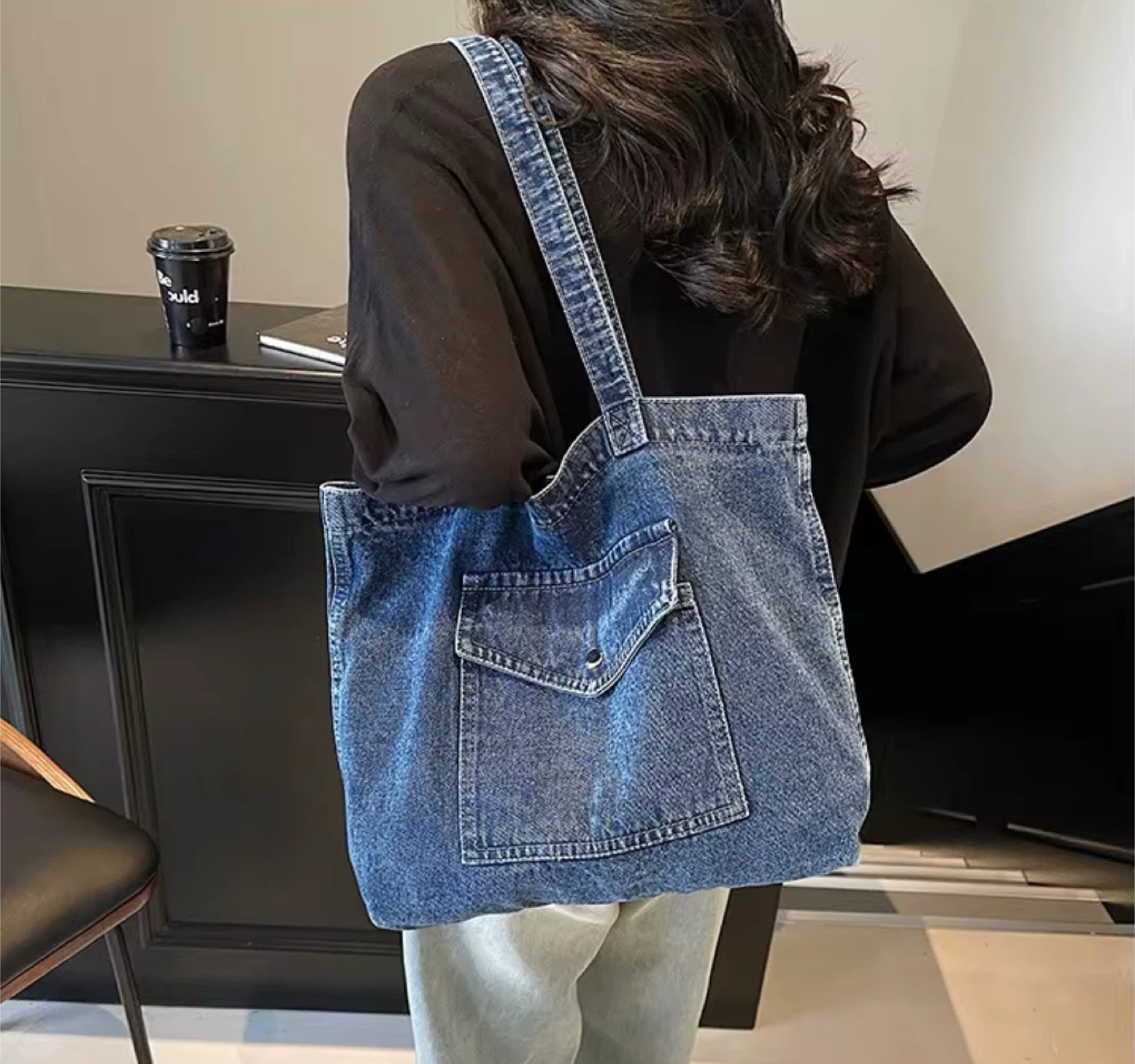 Denim Tote Bag with Front Pocket