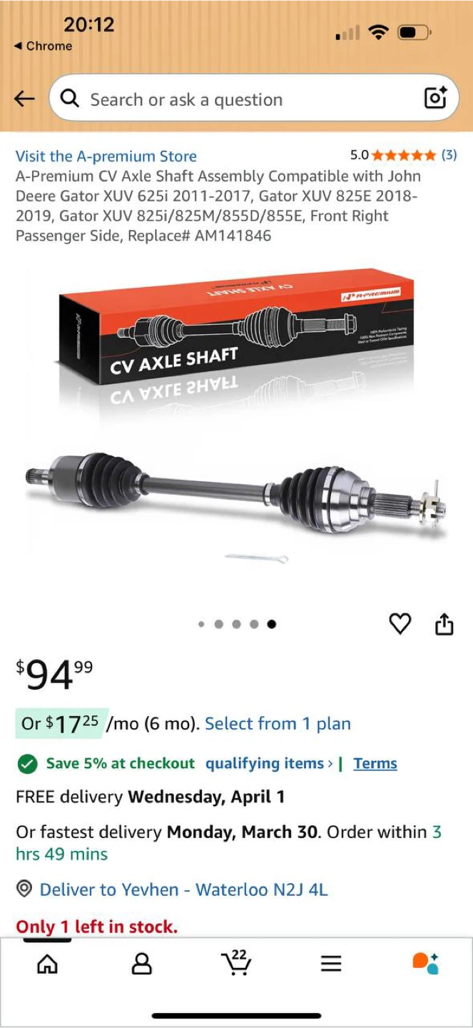 A-Premium CV Axle Shaft Front Right – John Deere Gator
