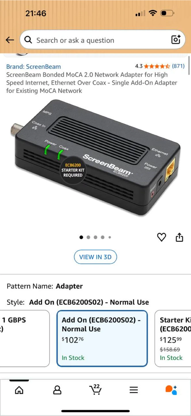 ScreenBeam MoCA 2.0 Adapter ECB6200 – Ethernet Over Coax (444)🔥