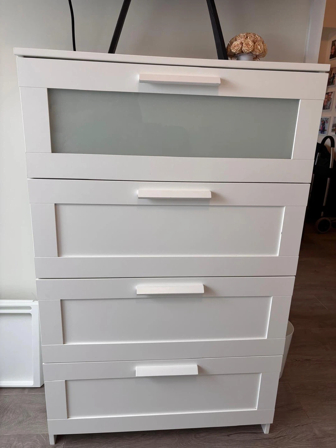 White 4-Drawer Chest with Frosted Glass Top Drawer