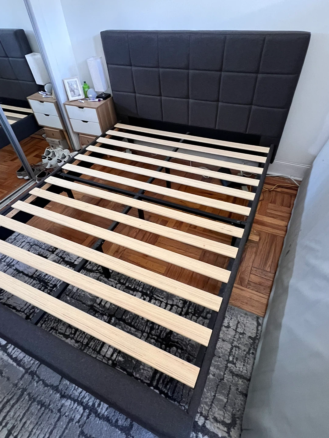 Dark Grey Upholstered Platform Bed Frame with Headboard - photo 3