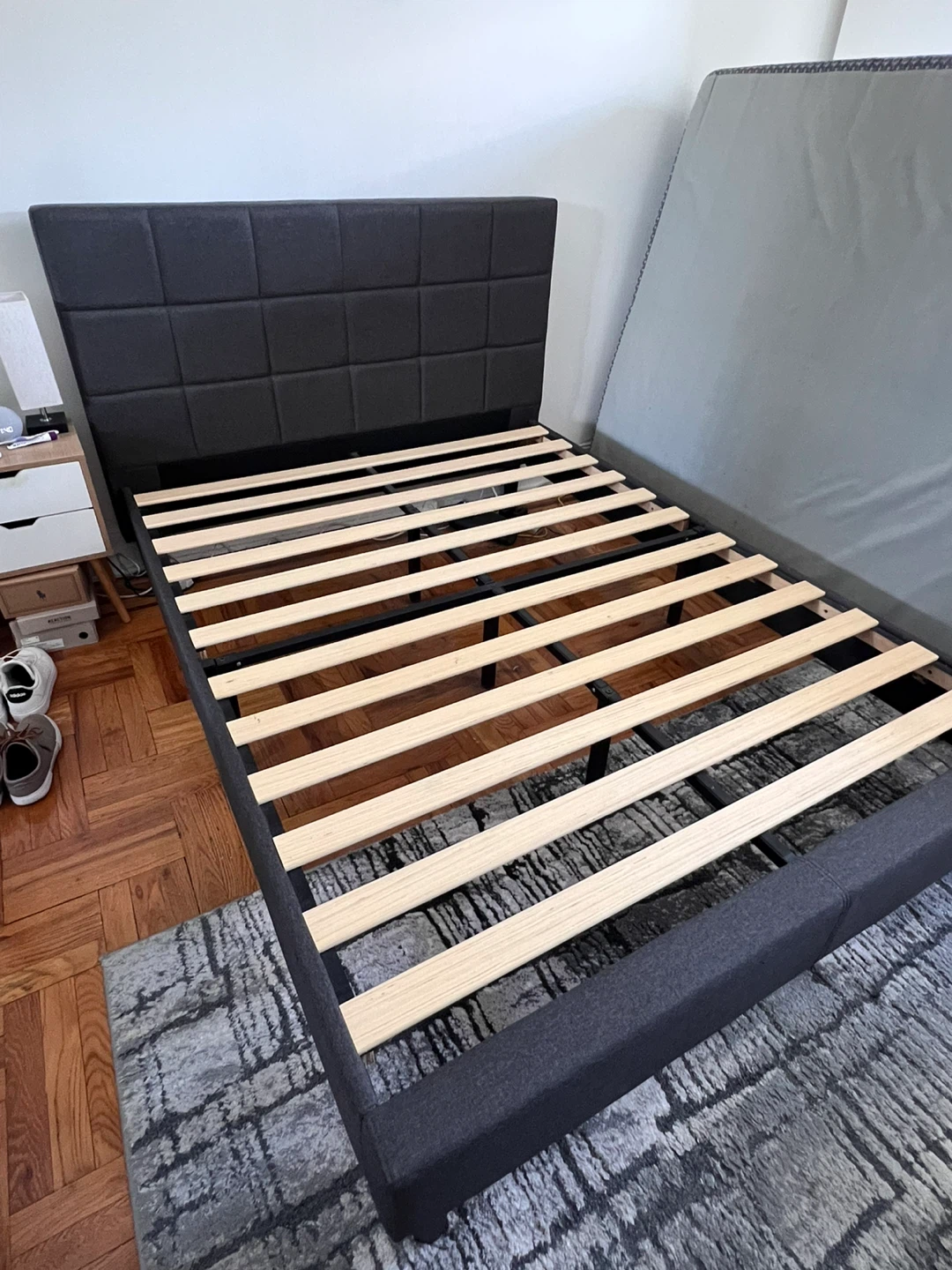 Dark Grey Upholstered Platform Bed Frame with Headboard