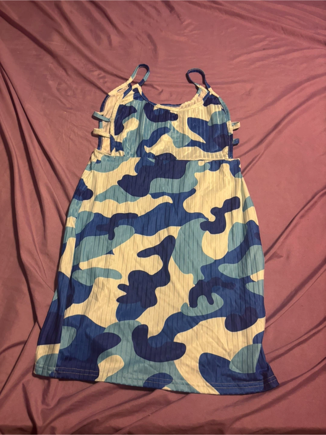 Blue Camo Print Ribbed Mini Dress