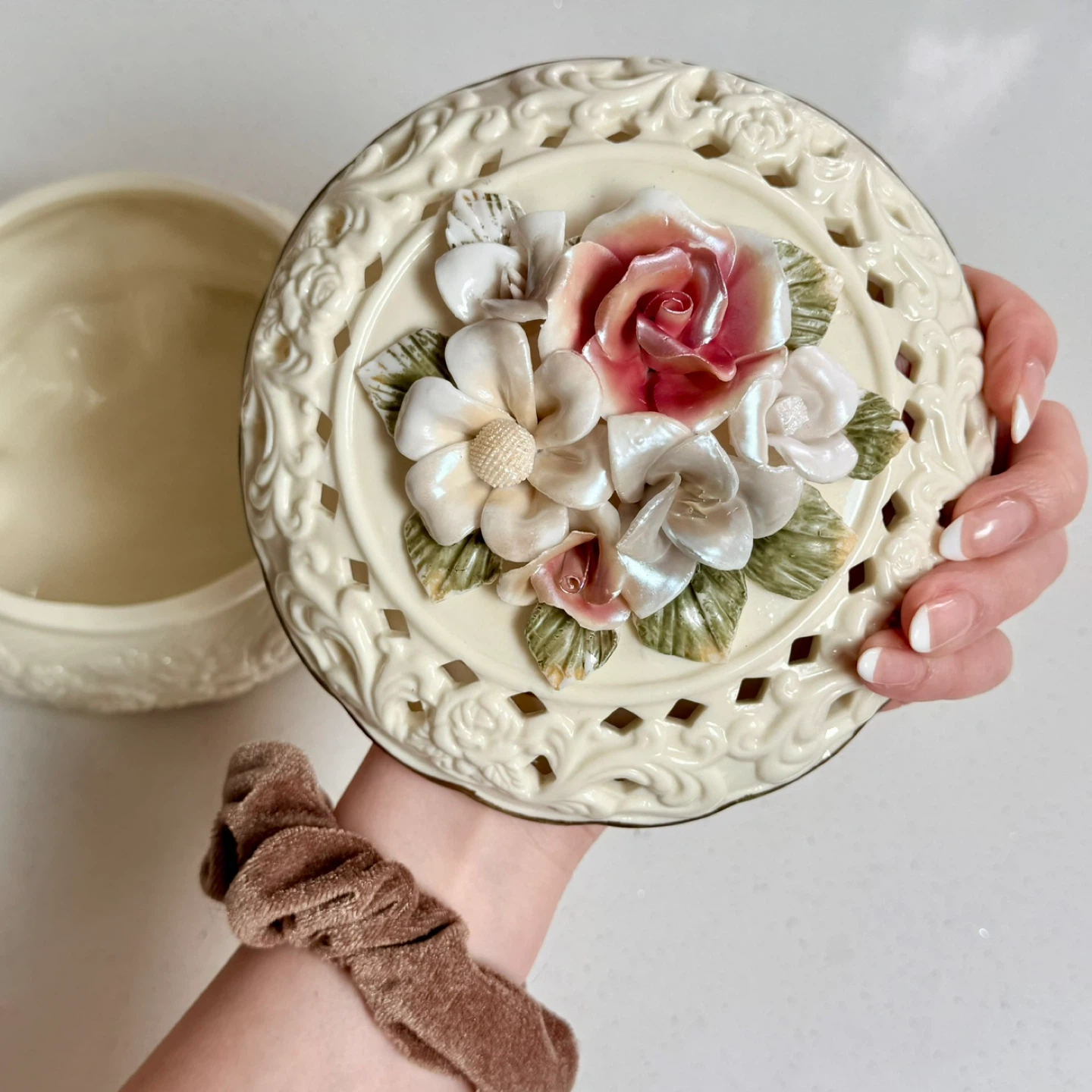 Vintage Porcelain Large Trinket Box with Lattice & Roses