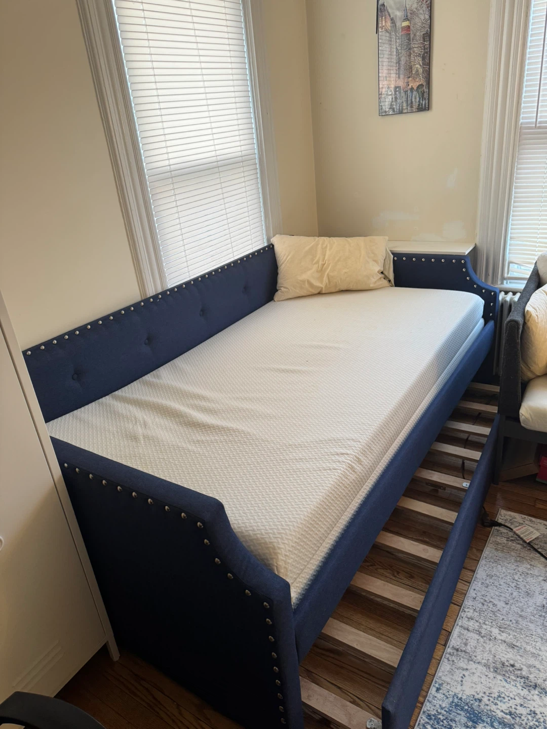 Blue Upholstered Daybed with Studded Trim