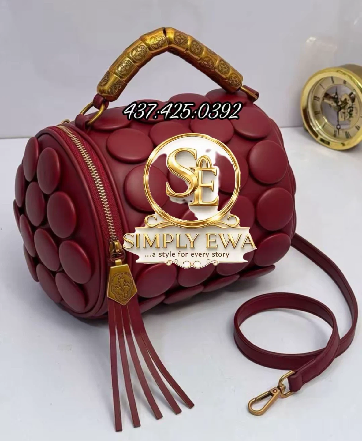 Simply Ewa Burgundy Barrel Bag with Gold Accents