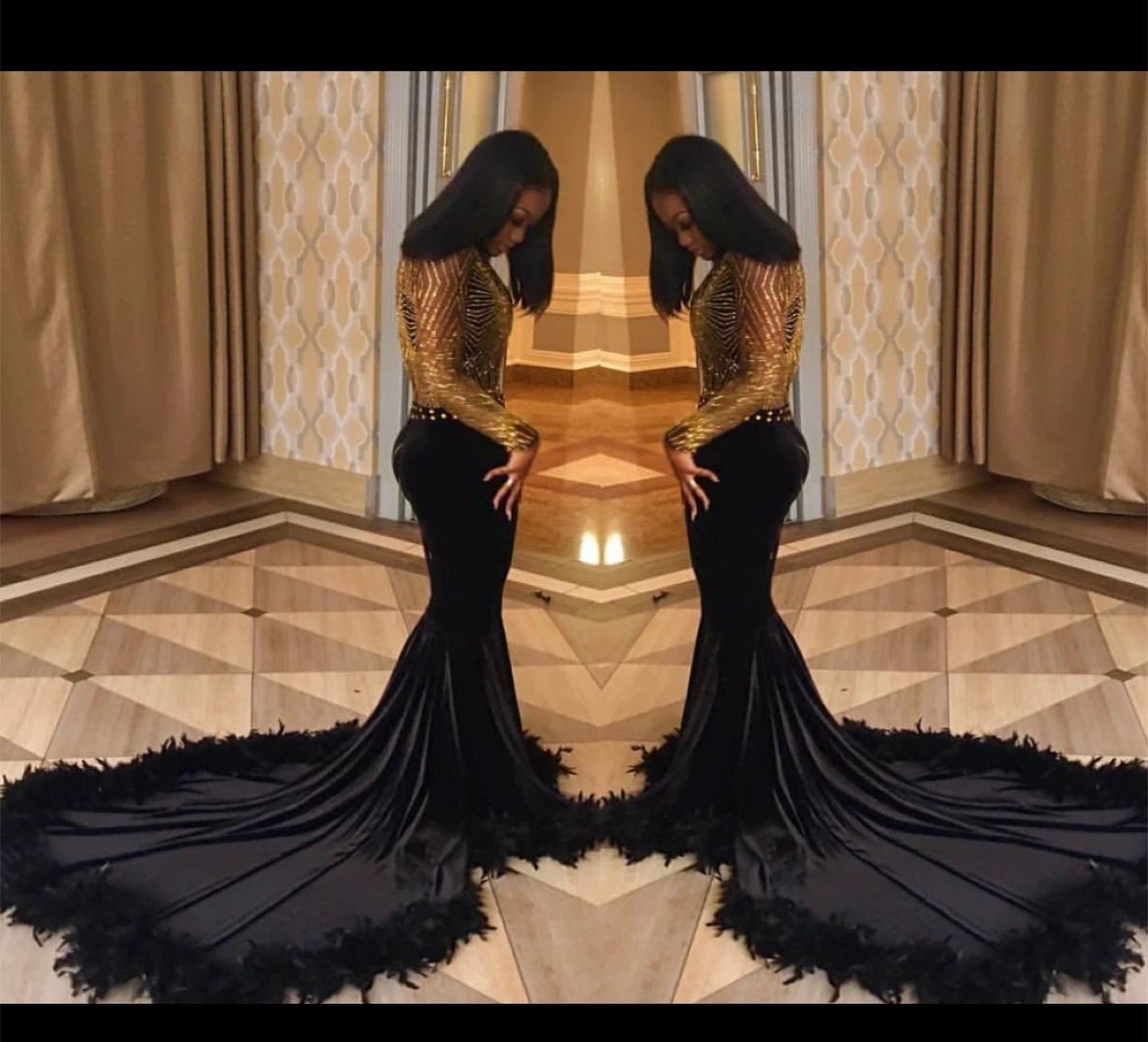 Black Velvet and Gold Sequin Prom Gown