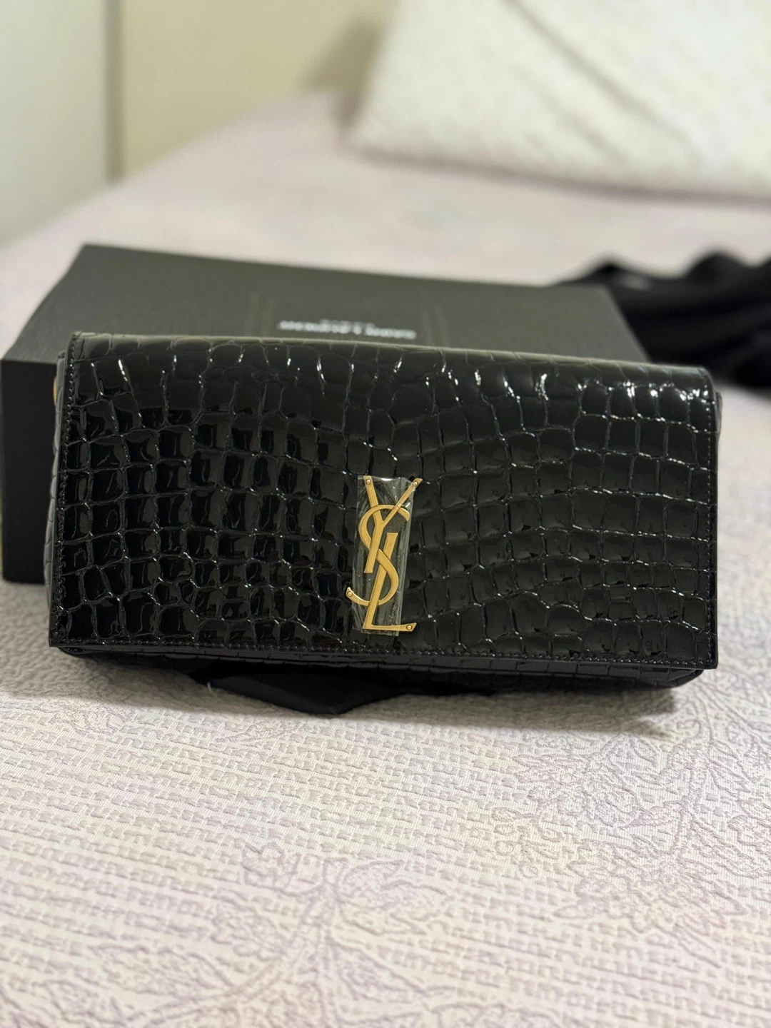 Yves Saint Laurent Black Croc Embossed Patent Leather Clutch