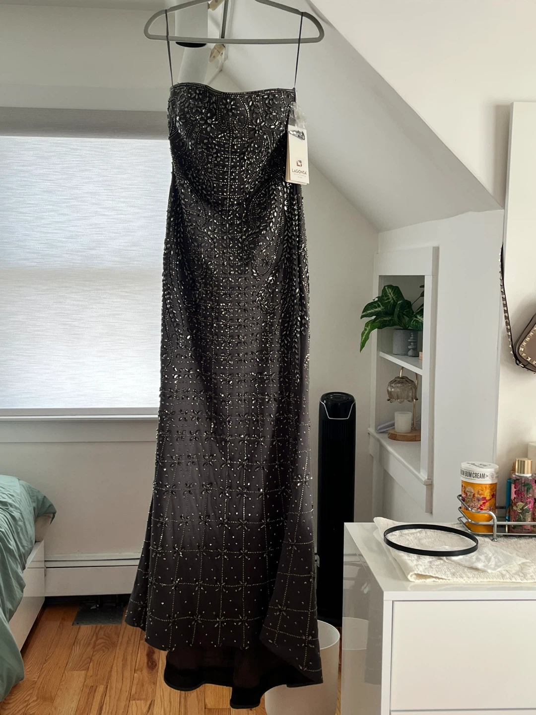 Long Beaded Strapless Gown with Shawl & Embellished Collar - photo 3