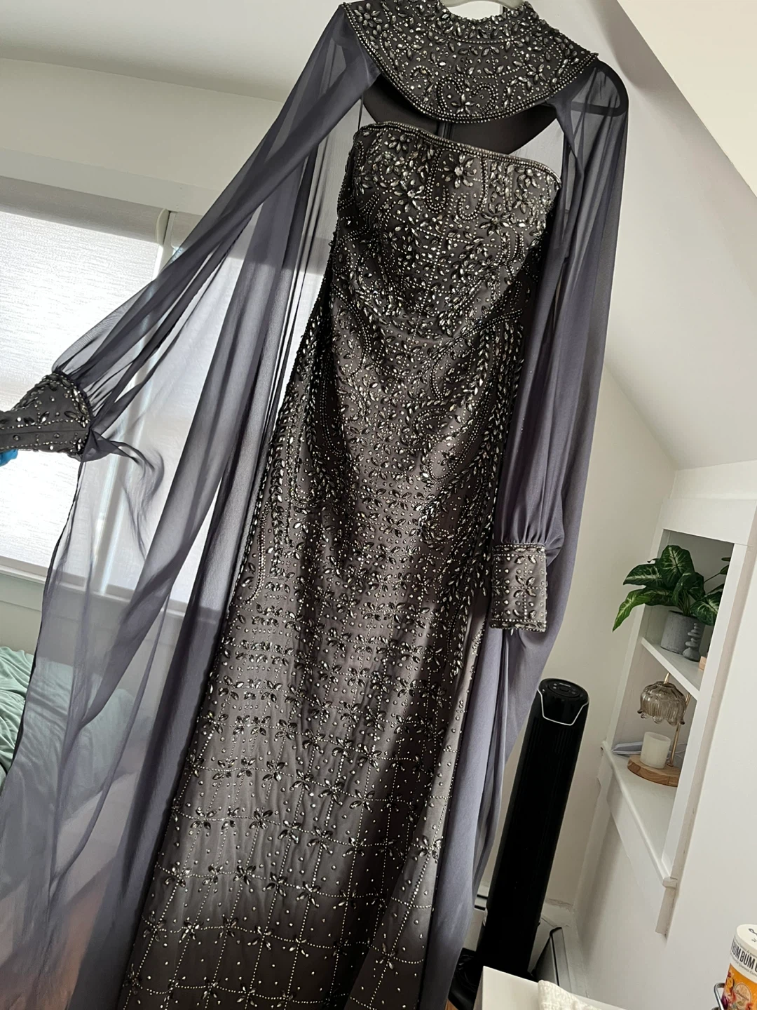 Long Beaded Strapless Gown with Shawl & Embellished Collar - photo 2