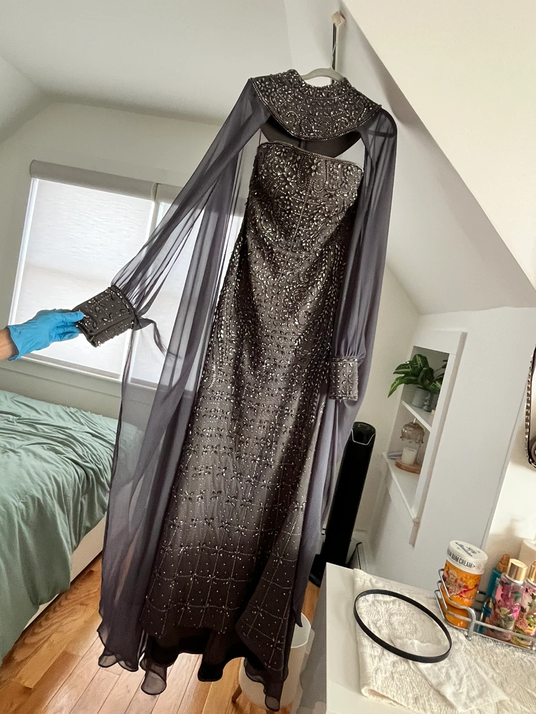 Long Beaded Strapless Gown with Shawl & Embellished Collar