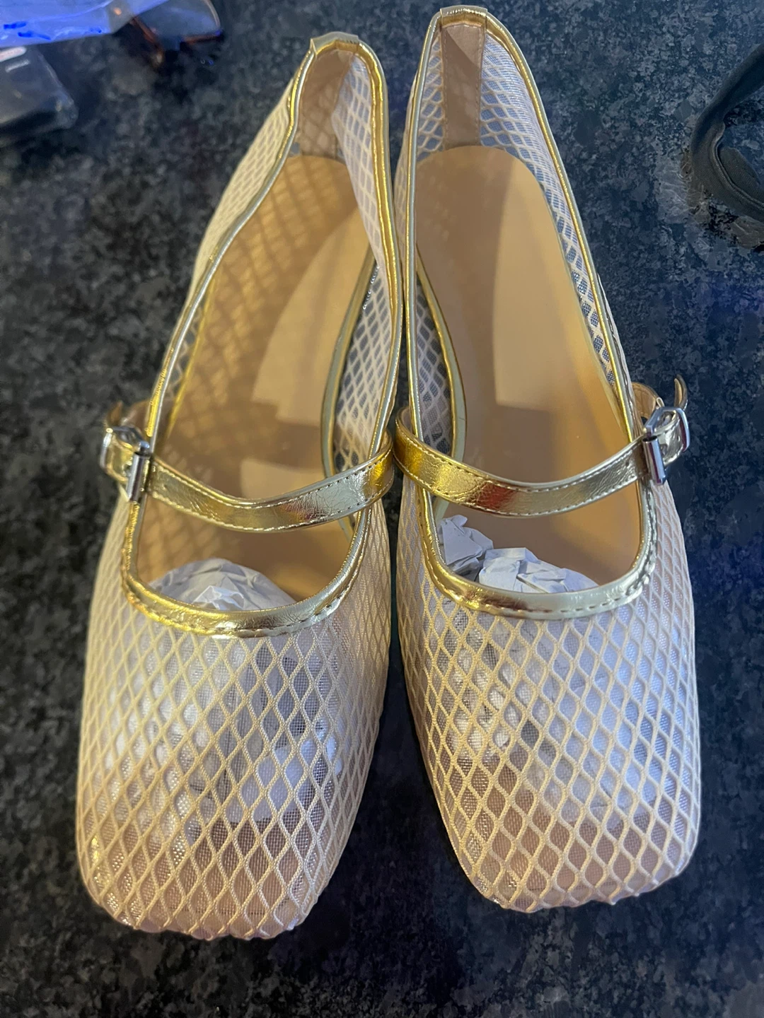 Gold Mesh Ballet Flats with Buckle Strap - Size 41