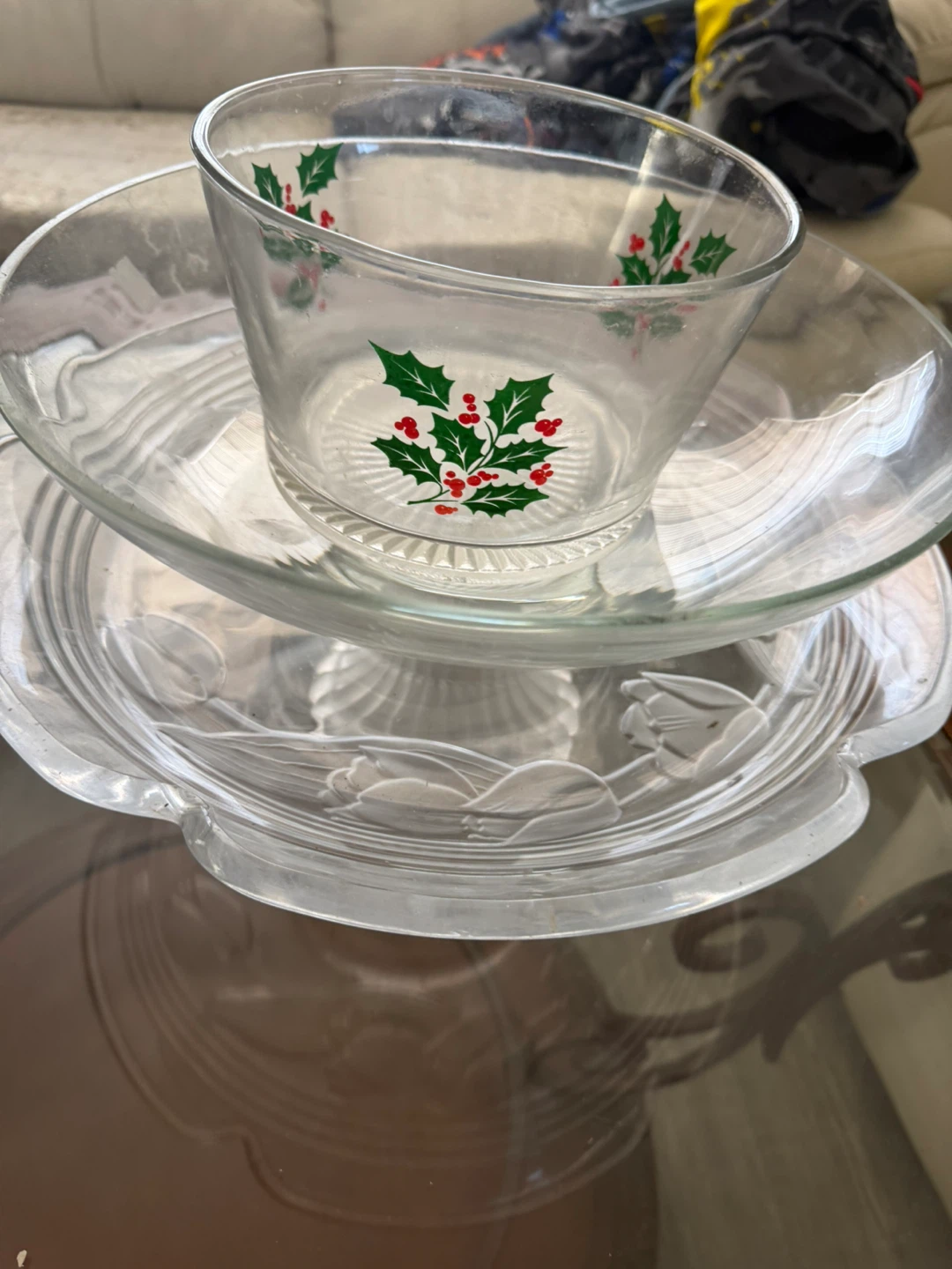 Collection of decorative glass bowls and cake stand - photo 5
