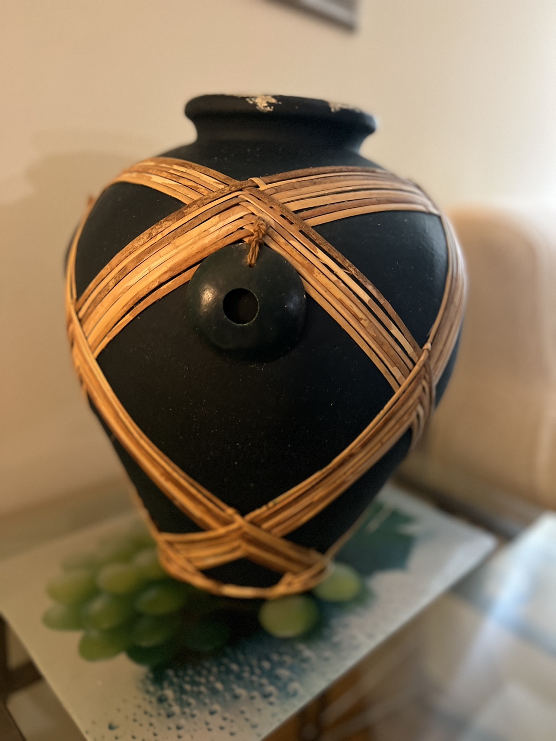 Antique Decorative Dark Green Vase with Woven Rattan Accent - photo 2