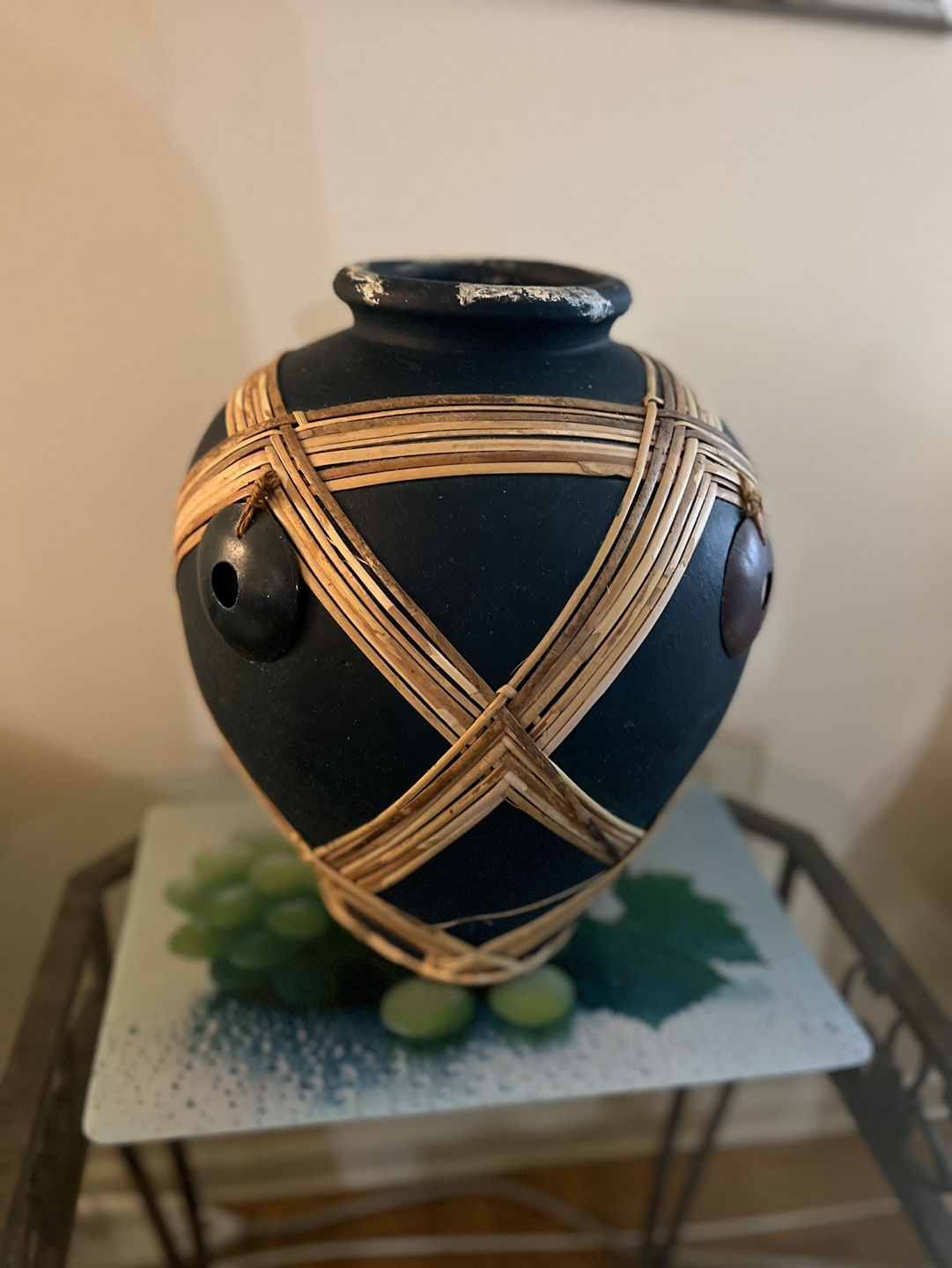 Antique Decorative Dark Green Vase with Woven Rattan Accent