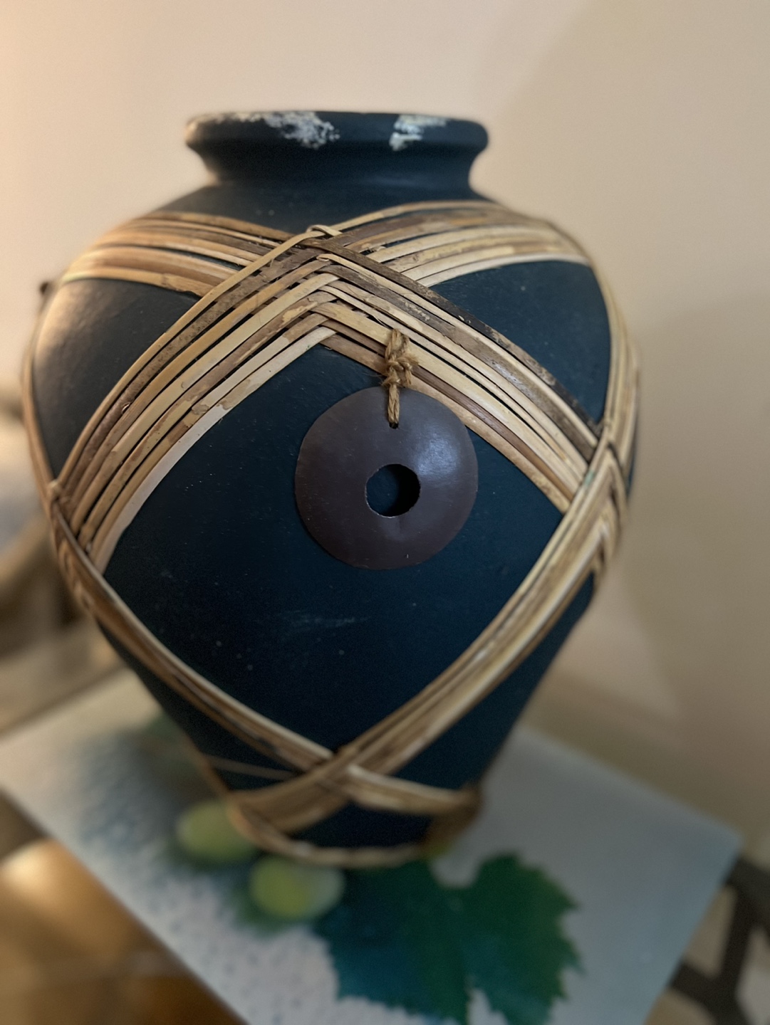 Antique Decorative Dark Green Vase with Woven Rattan Accent - photo 3