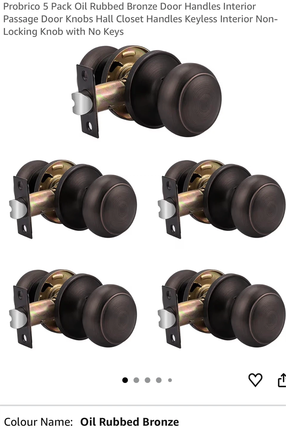 Probrico 5 Pack Oil Rubbed Bronze Interior Door Knobs