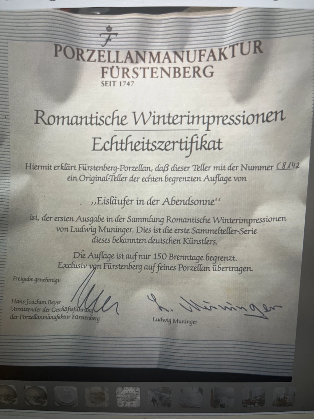 Fürstenberg "Eisläufer in der Abendsonne" Collector Plate - photo 5