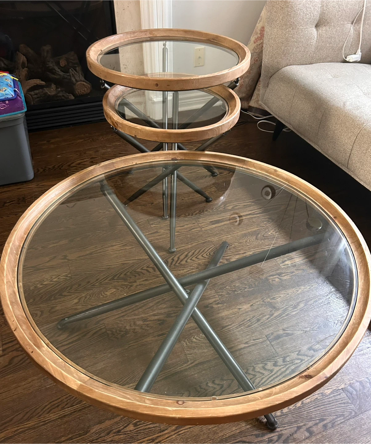 Round Glass and Wood Nesting Side Tables