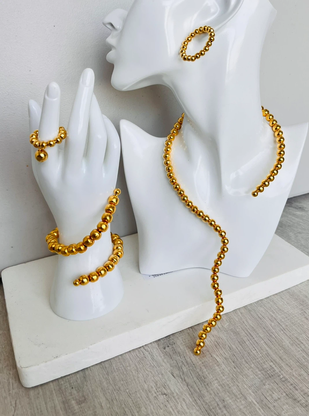 Gold Tone Beaded Necklace, Bracelet, Ring, and Earrings Set