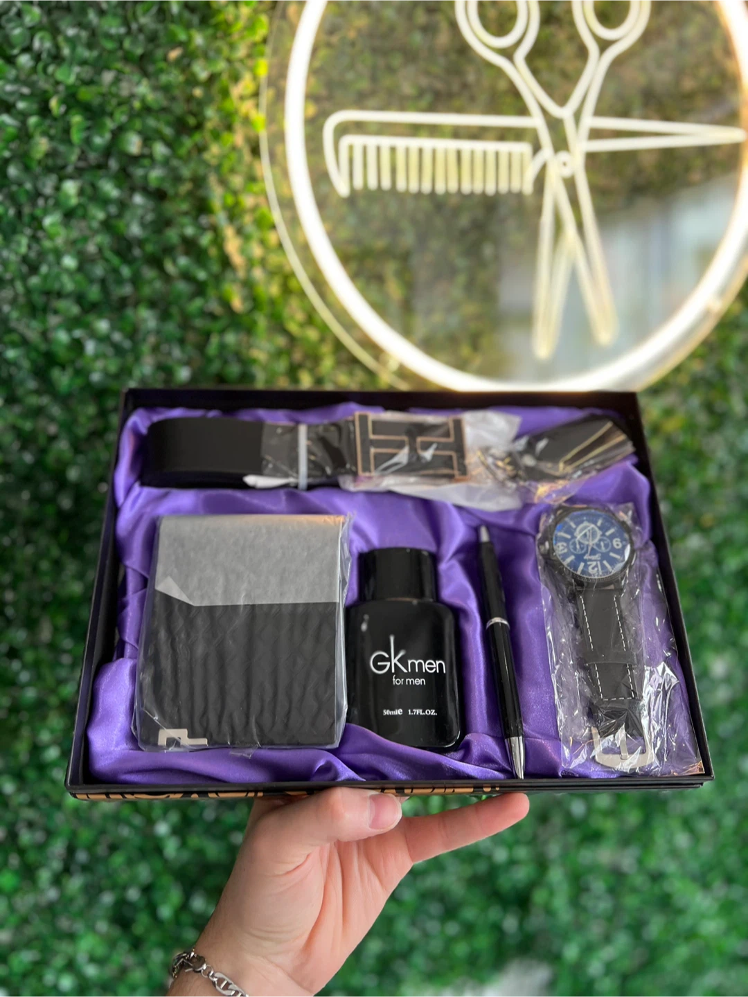 GK Men Gift Set with Watch, Wallet, Belt, Pen, and Cologne