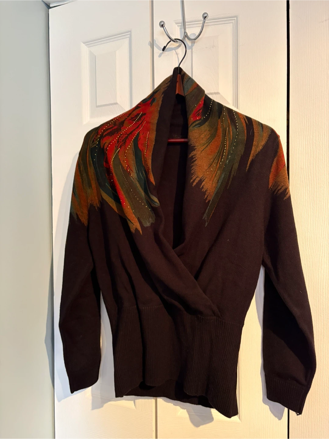 Women's Brown Long Sleeve Wrap Sweater with Embellished Neckline