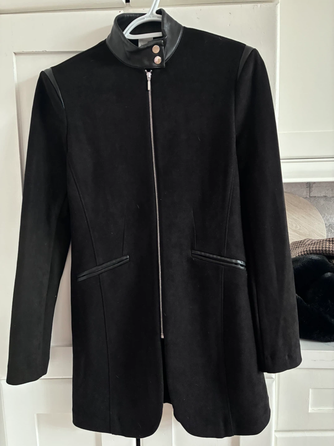 Black Faux Suede Jacket with Faux Leather Trim