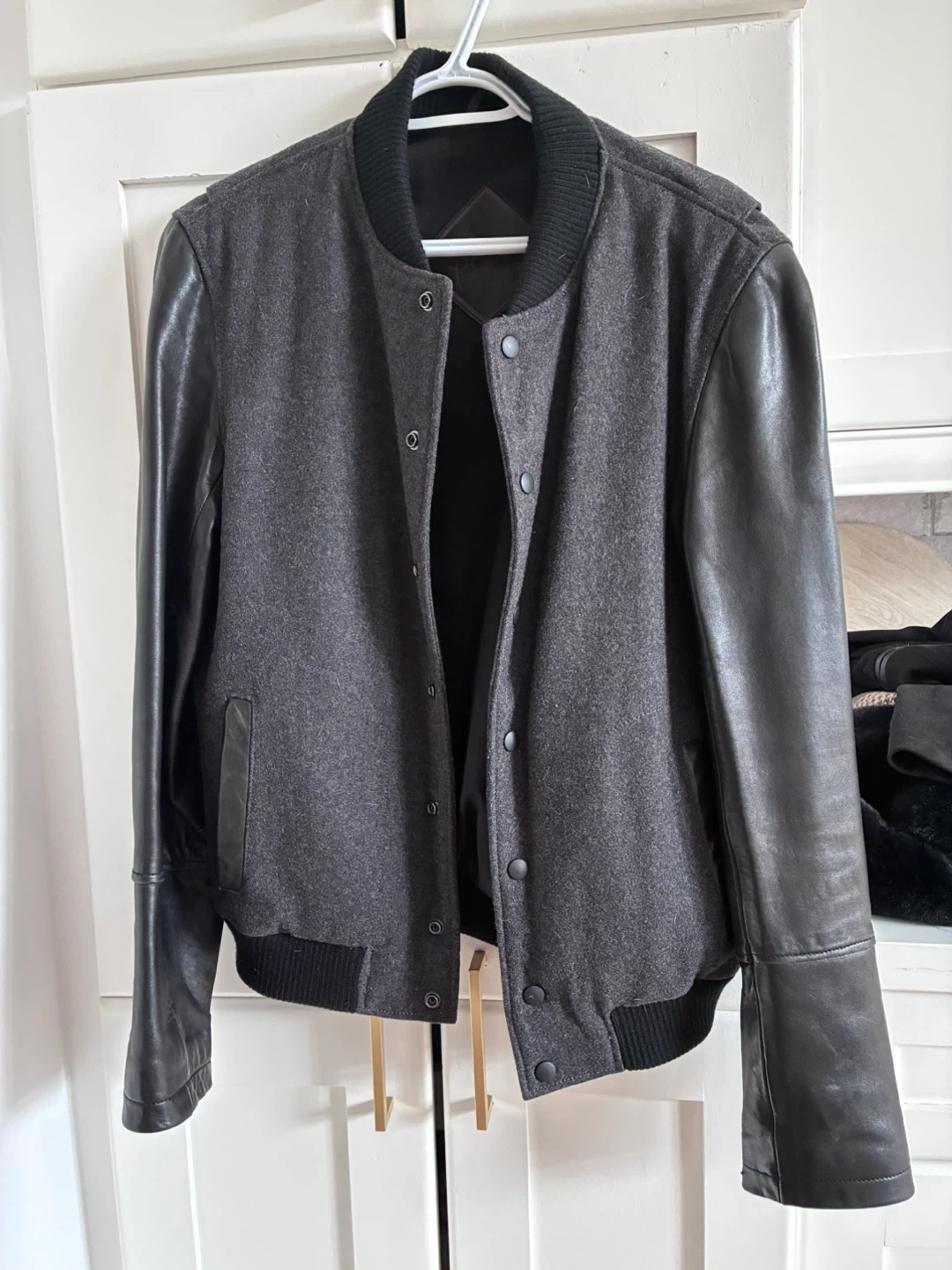 Men’s Bomber Jacket - Grey Wool & Black Leather, Size S/P