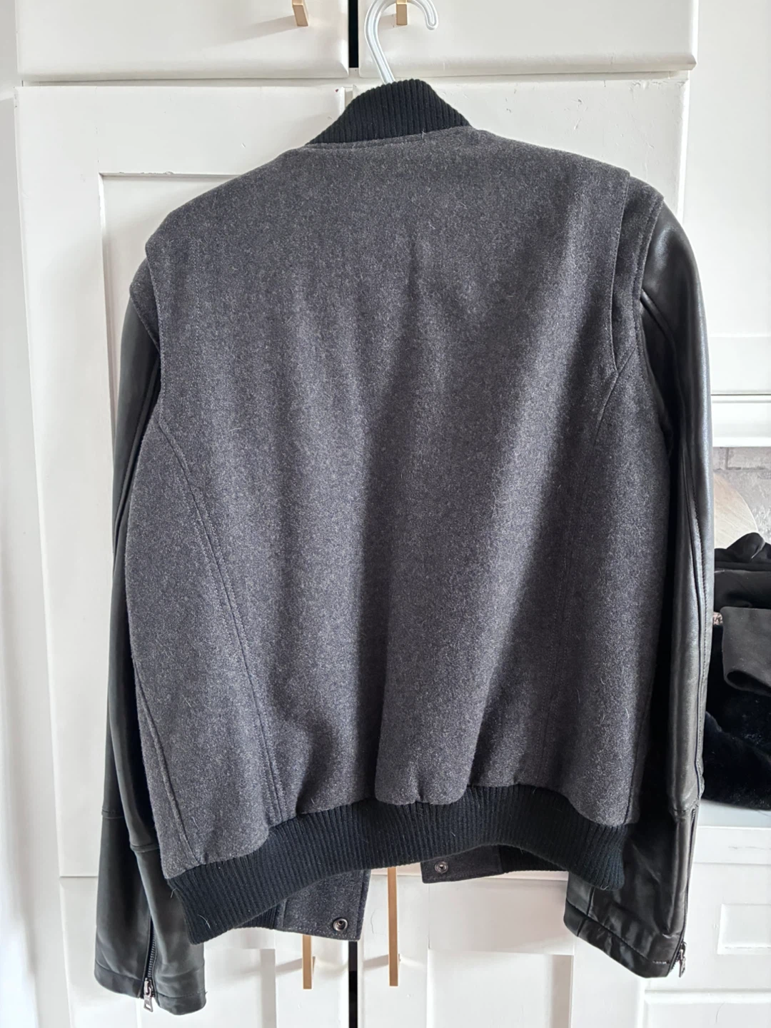 Men’s Bomber Jacket - Grey Wool & Black Leather, Size S/P - photo 2