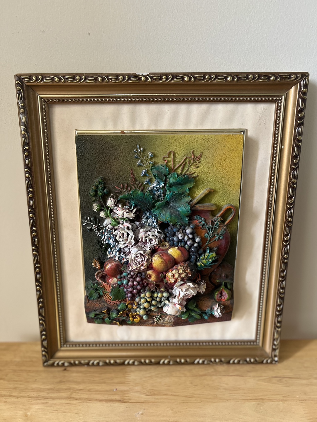 Framed 3D fruit and floral arrangement art - 14” x 12”