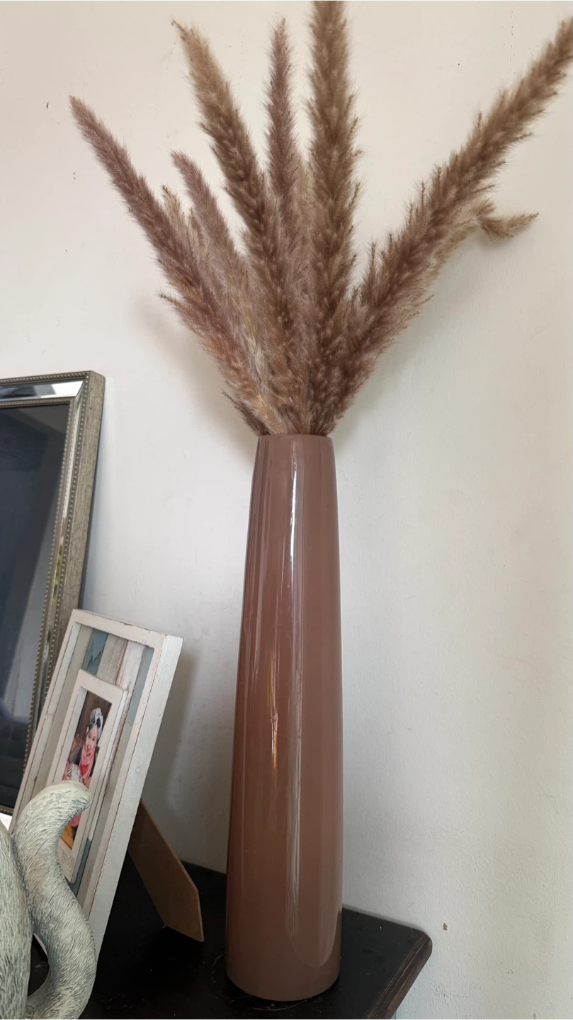 Brown Ceramic Tall Vase with Dried Pampas Grass