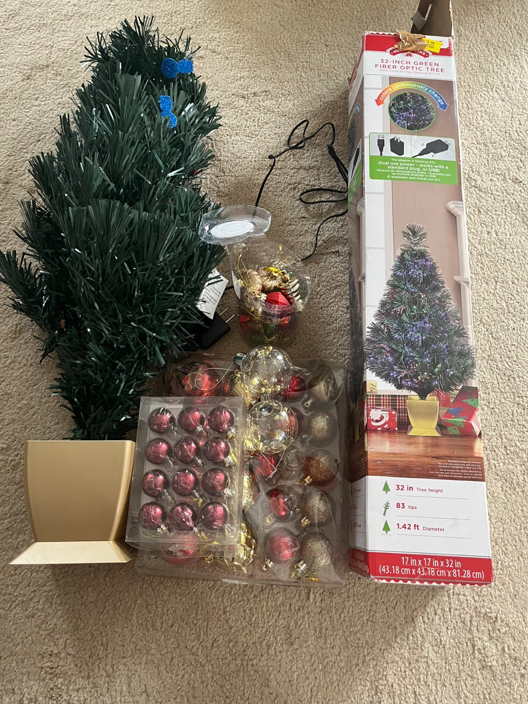 32-Inch Green Fiber Optic Christmas Tree with Ornaments