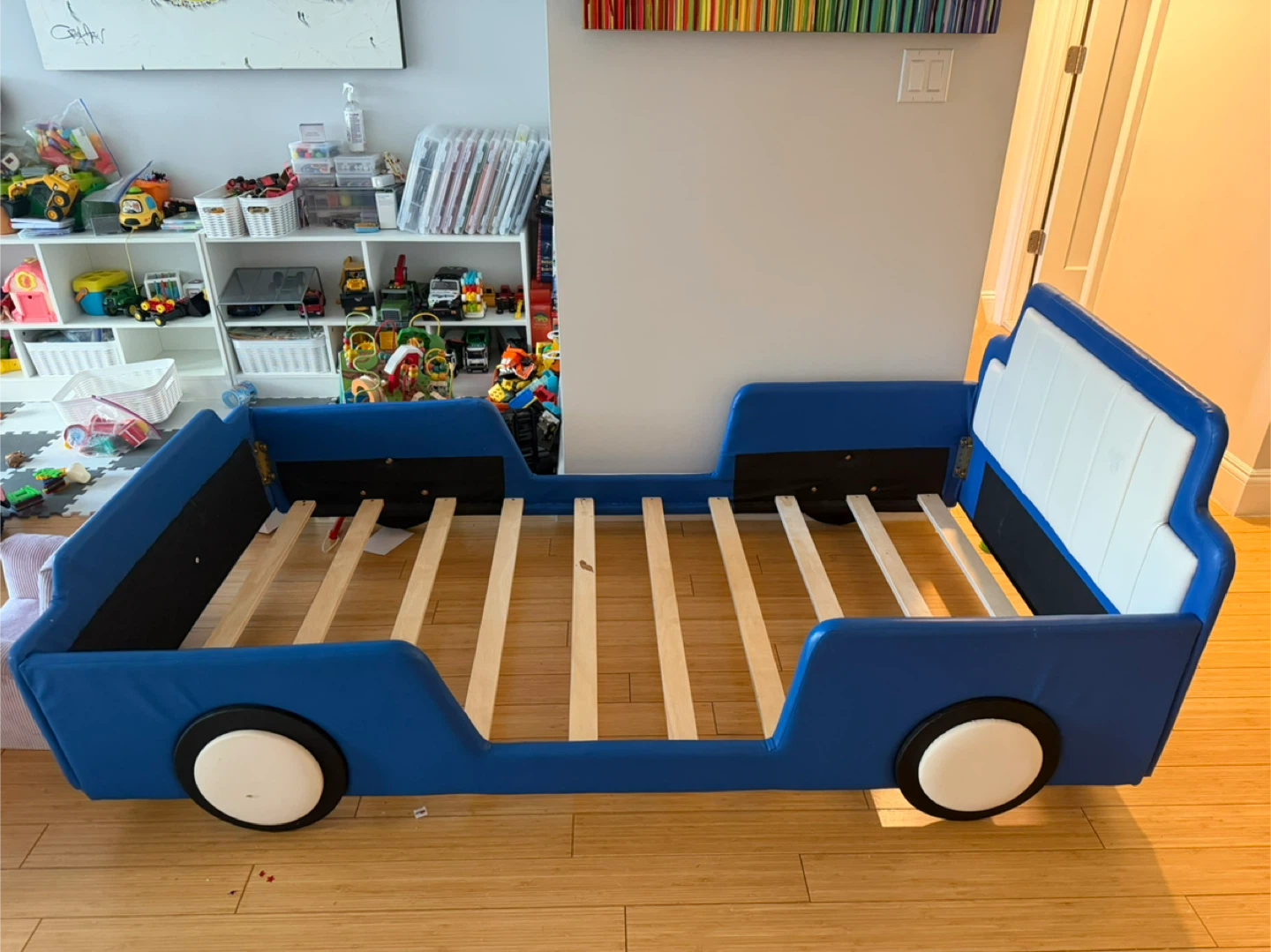Must Sell Like New Twin Size Race Car Bed (Excludes Mattress)