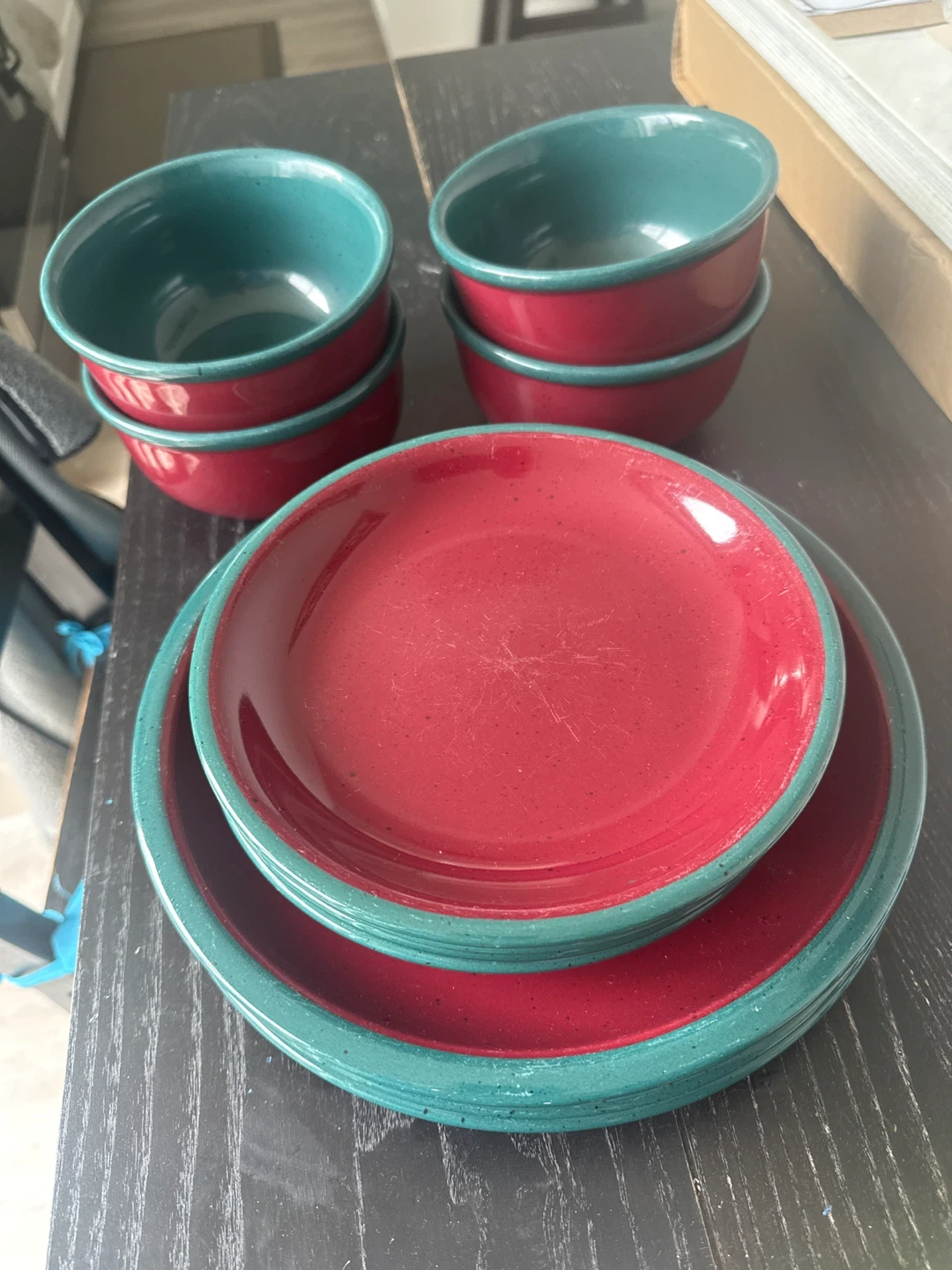Red and Teal Ceramic Bowl and Plate Set