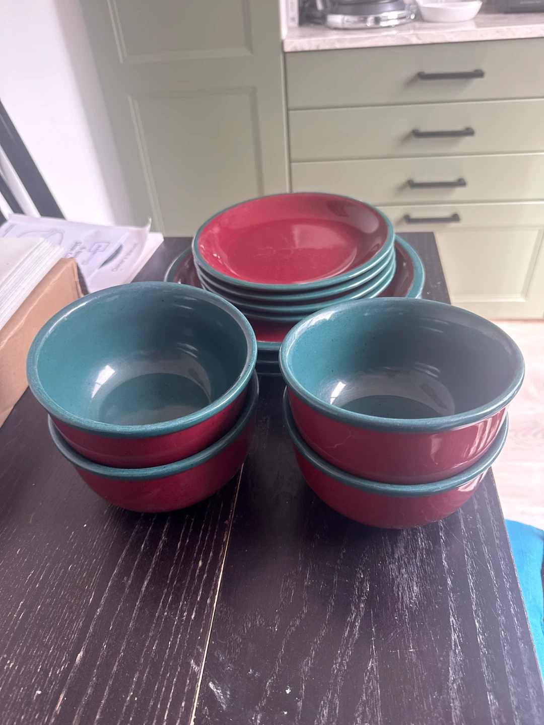 Red and Teal Ceramic Bowl and Plate Set - photo 3