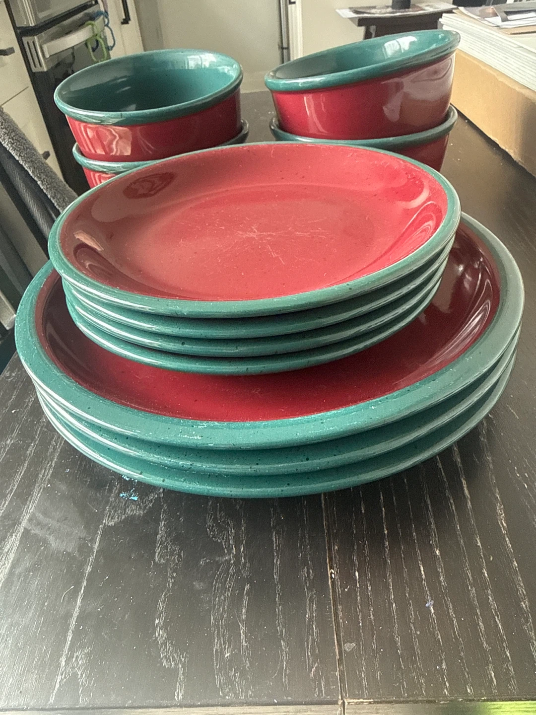 Red and Teal Ceramic Bowl and Plate Set - photo 2