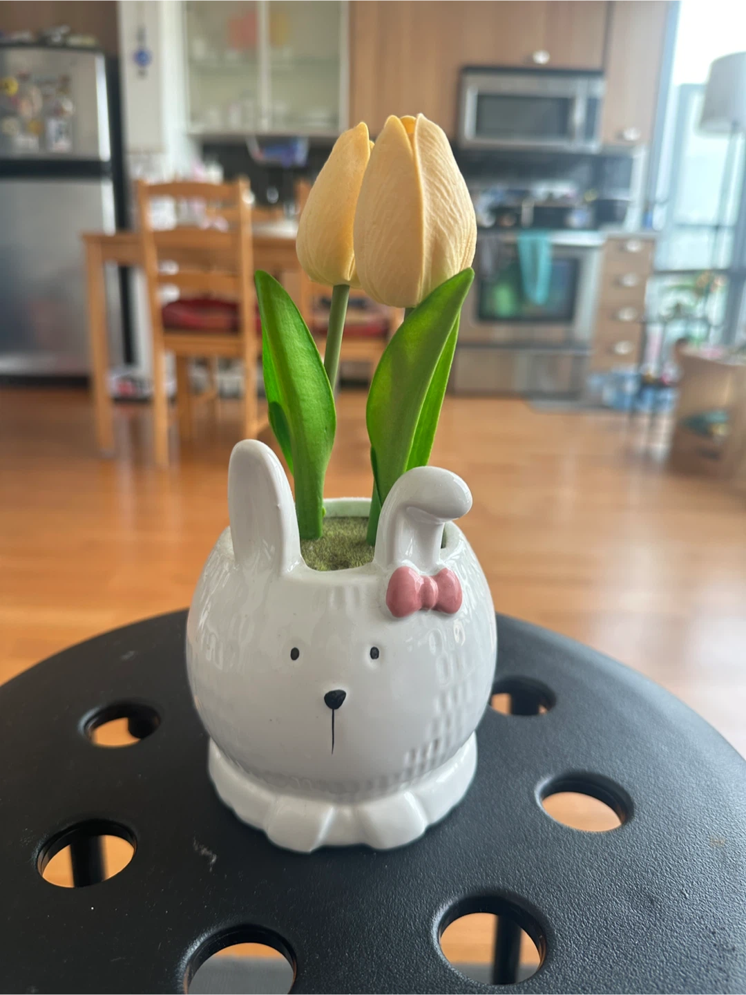 White Ceramic Bunny Planter with Yellow Tulips - photo 3