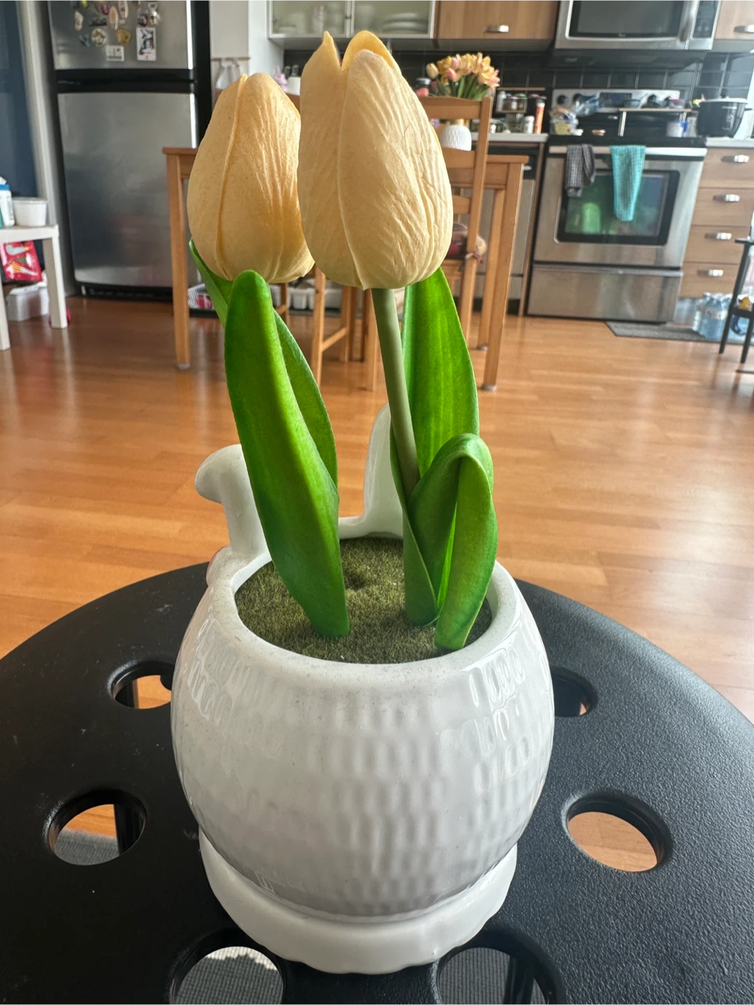 White Ceramic Bunny Planter with Yellow Tulips - photo 2