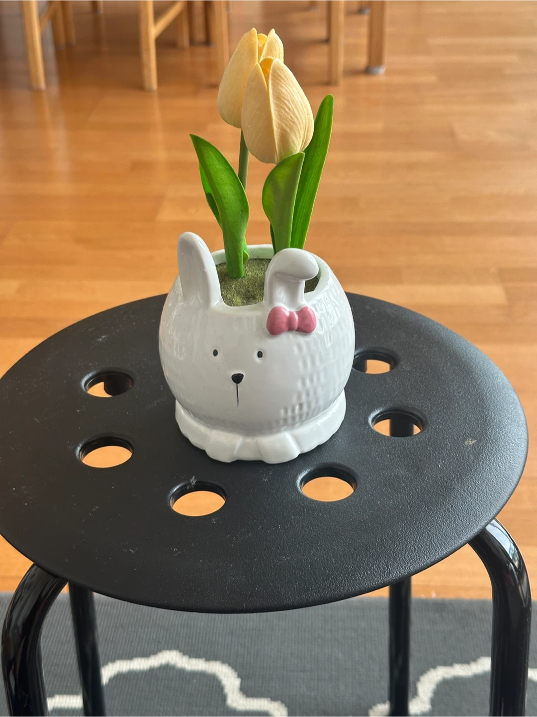 White Ceramic Bunny Planter with Yellow Tulips