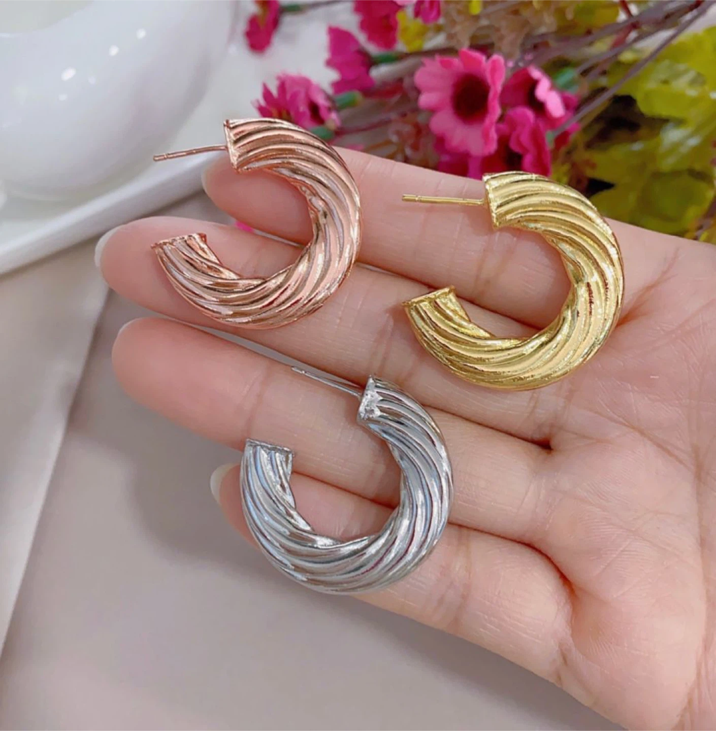 Twisted Hoop Earrings Set (Gold, Silver, Rose Gold) - photo 3