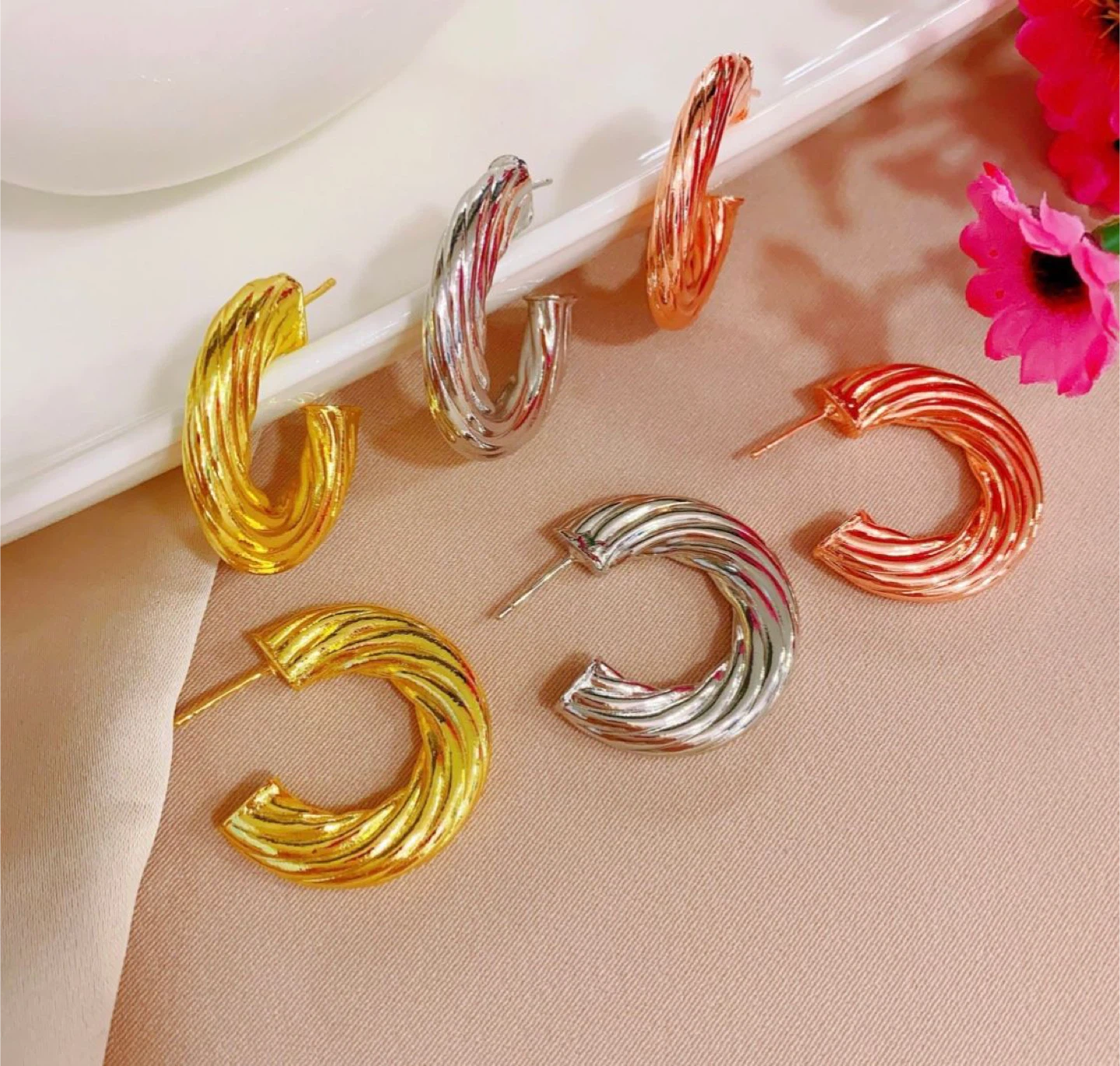 Twisted Hoop Earrings Set (Gold, Silver, Rose Gold) - photo 2