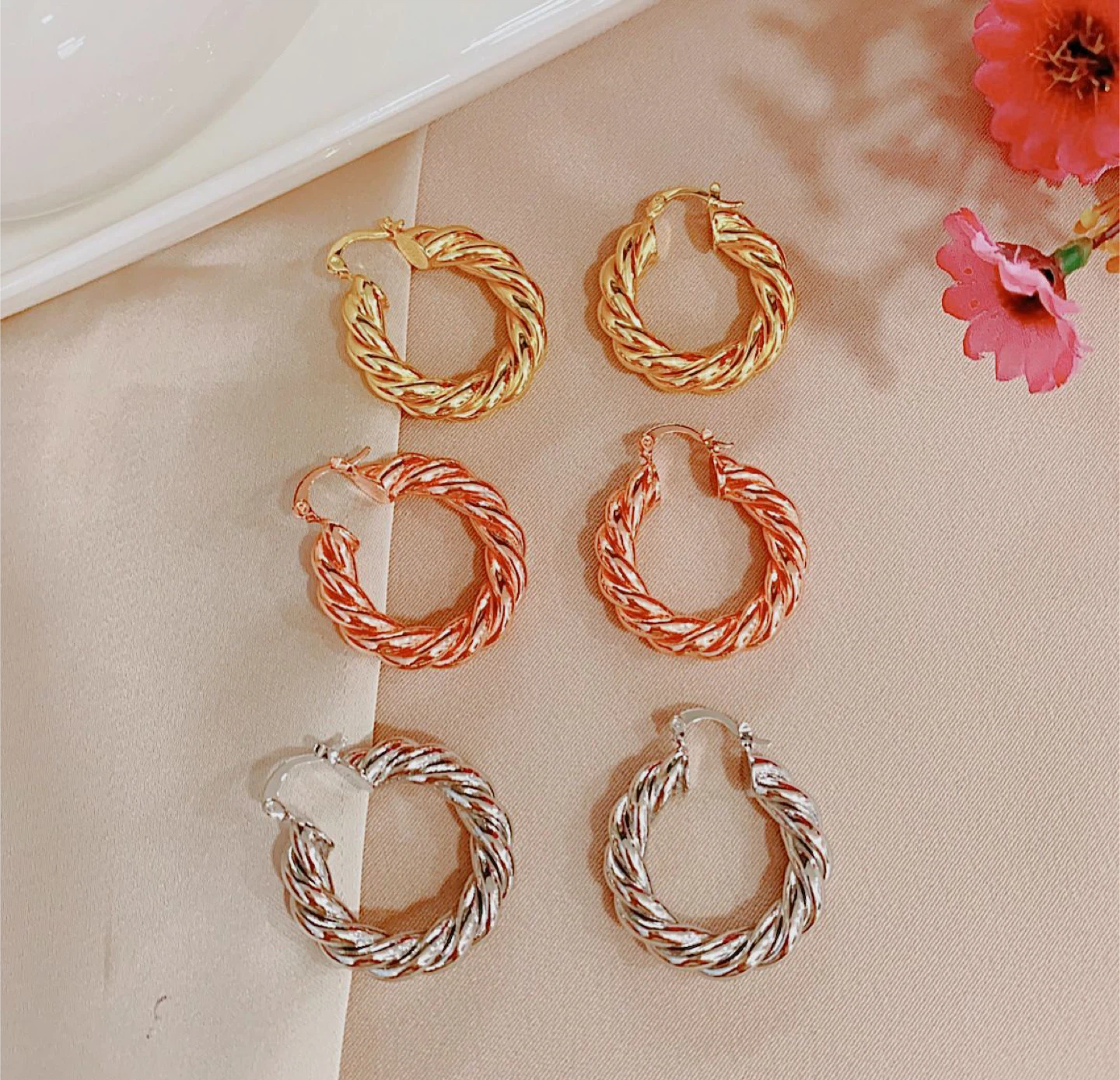 Twisted Hoop Earrings Set (Gold, Silver, Rose Gold)