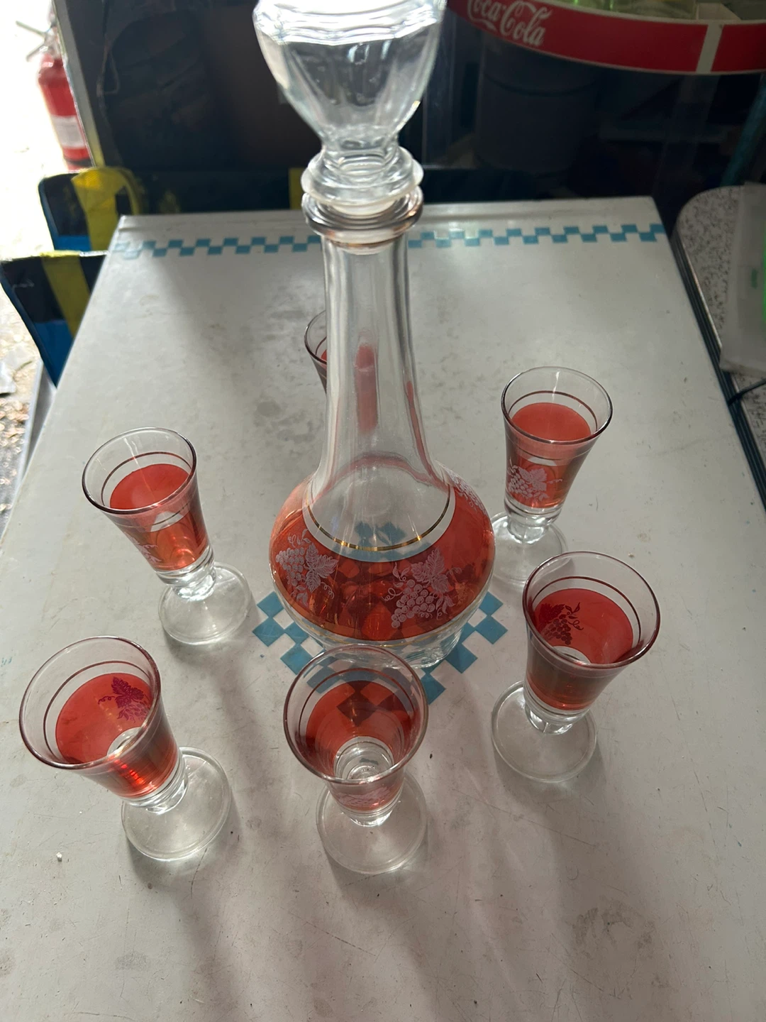 Glass Decanter and Shot Glasses Set with Red Grape Design