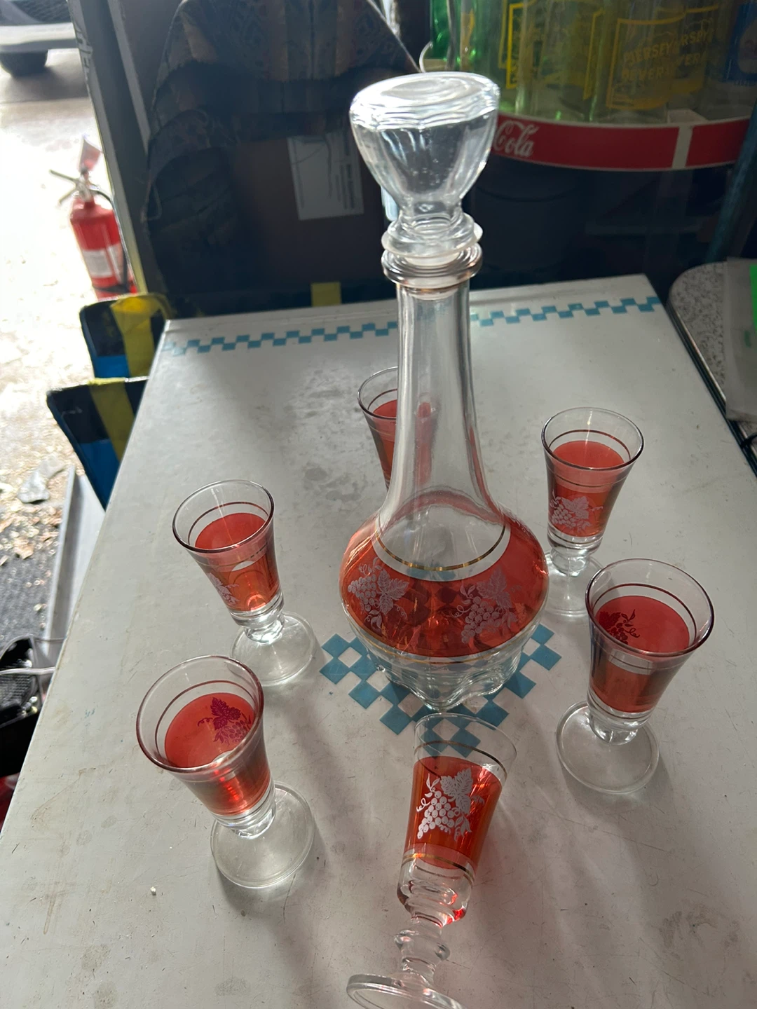 Glass Decanter and Shot Glasses Set with Red Grape Design - photo 3