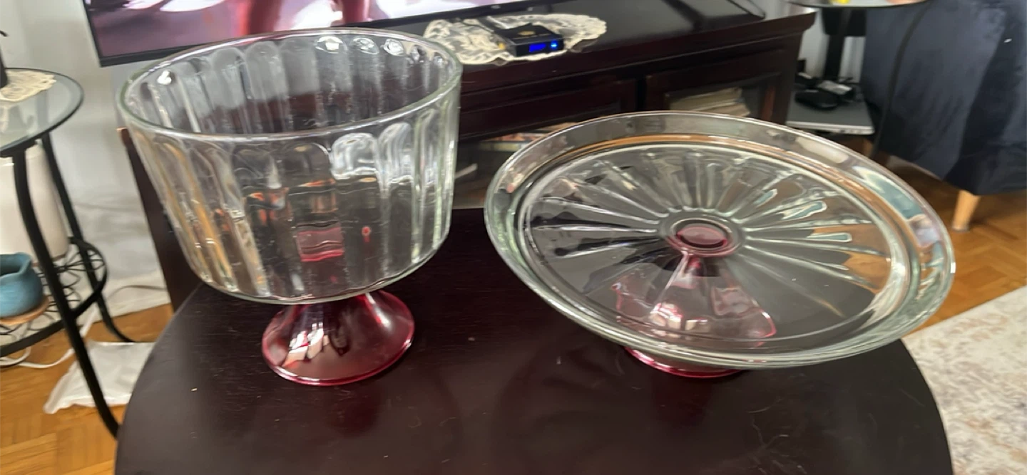 Glass Punch Bowl & Cake Platter with Red Base