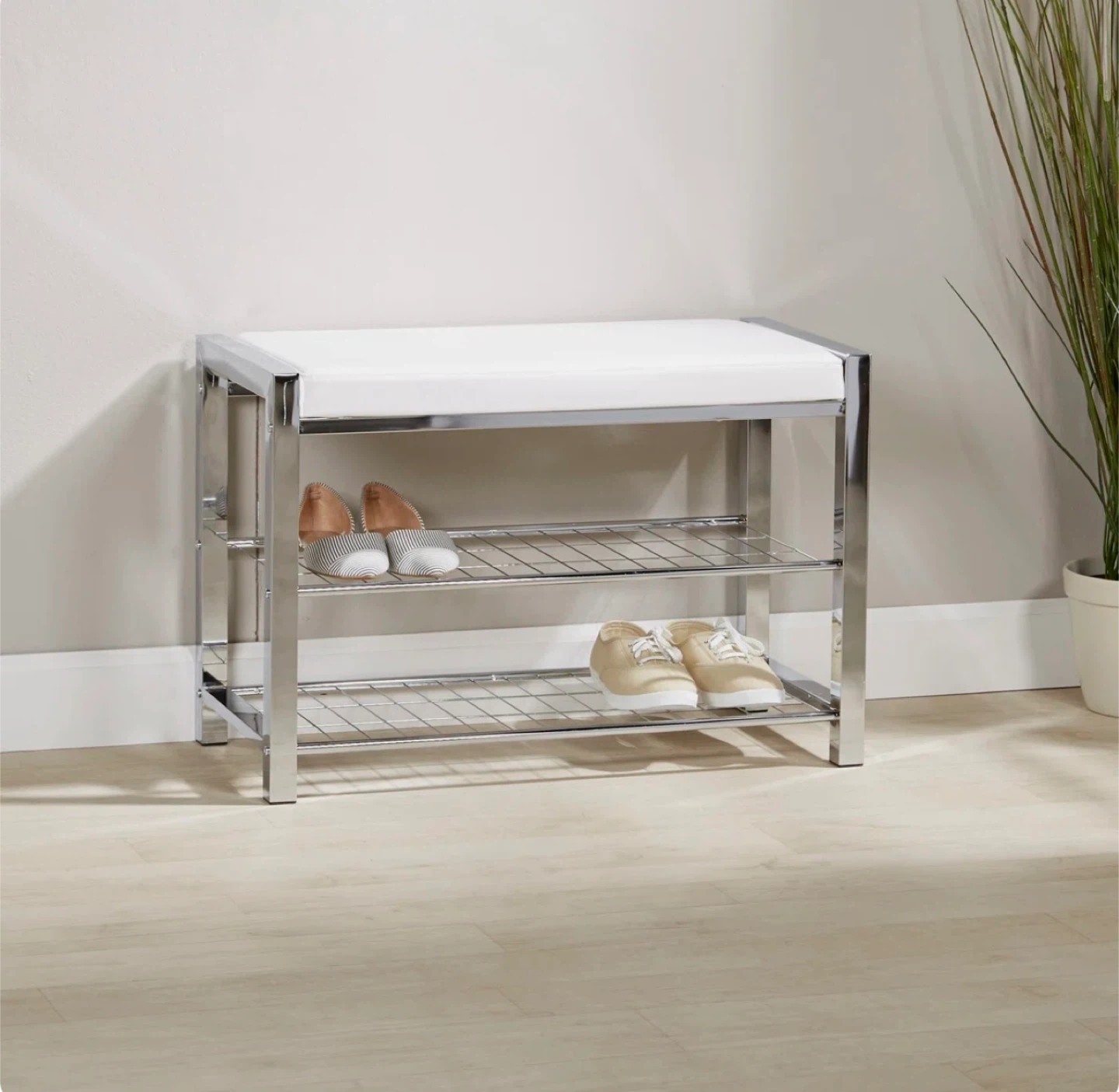 Chafic Faux Leather Storage Bench - White/Chrome