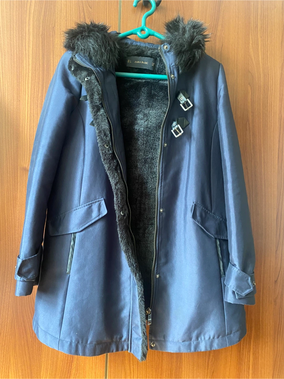 ZARA BASIC Blue Faux Fur Hooded Toggle Coat