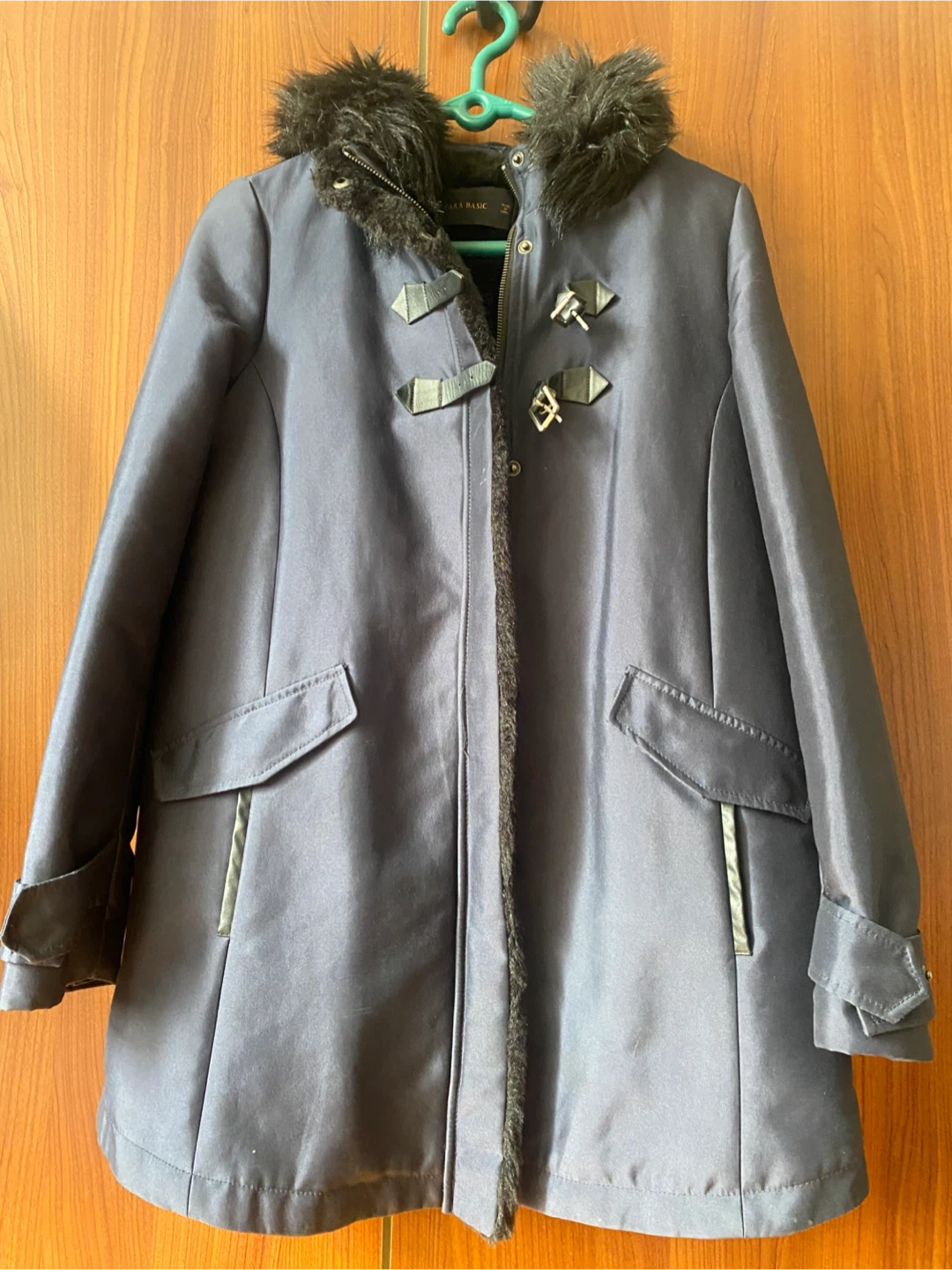 ZARA BASIC Blue Faux Fur Hooded Toggle Coat - photo 3
