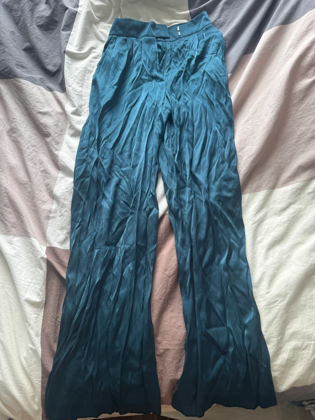 Teal Satin Wide-Leg Pants