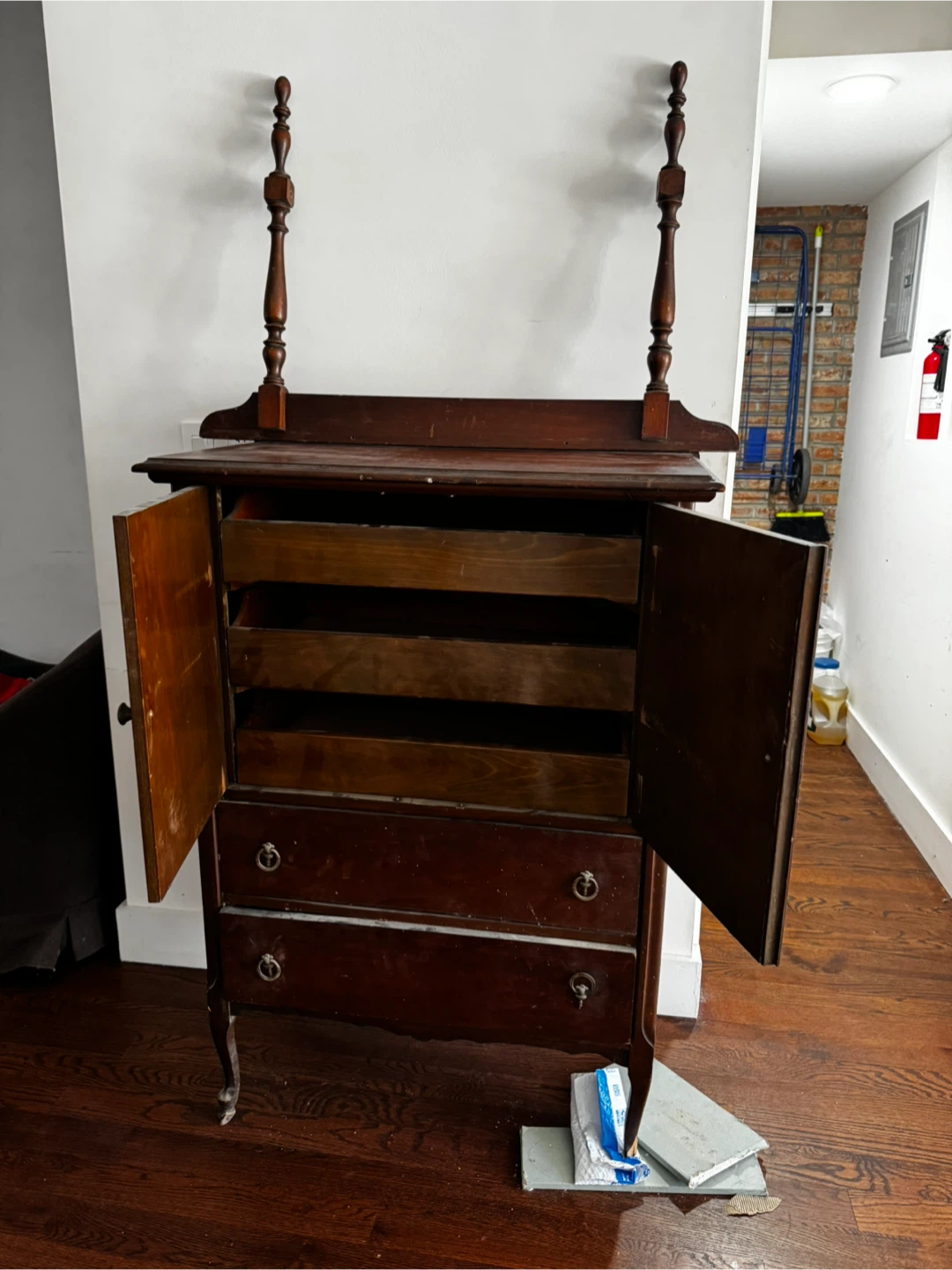 Antique Wood Cabinet with Drawers and Shelves - photo 2